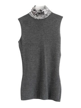 Dior Gray Sleeveless Turtleneck Tank with Silver Sequin Collar